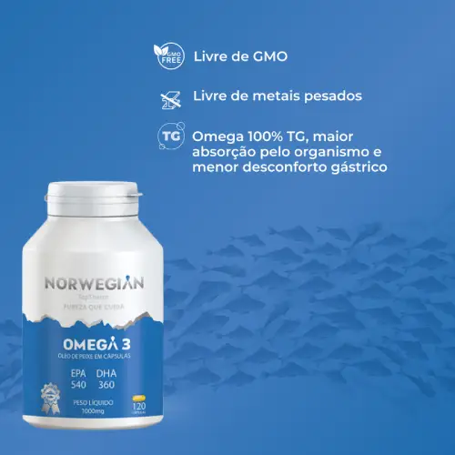 Banner publicitário do suplemento Omega 3 Norwegian da TopTherm com benefícios de pureza e absorção